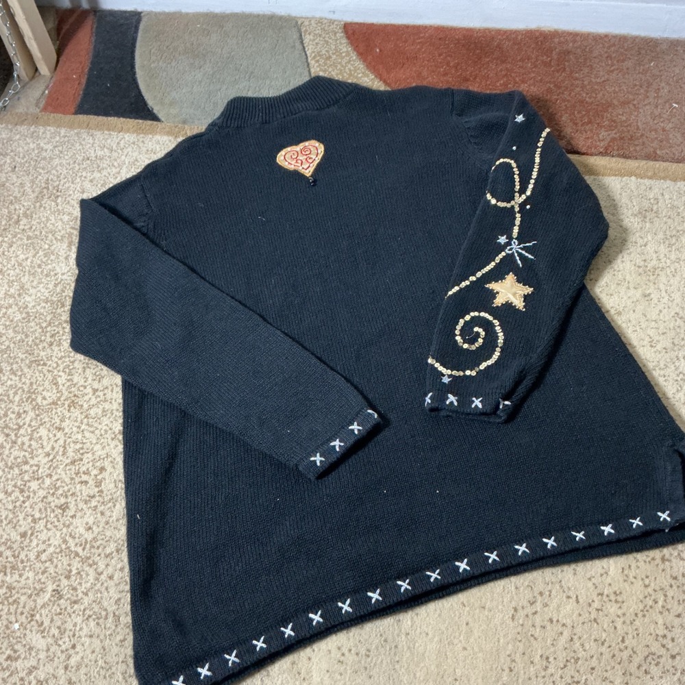 Basic Editions Holiday Ornament Sweater Women XL Black Sequin Festive Knit Top - Picture 6 of 7